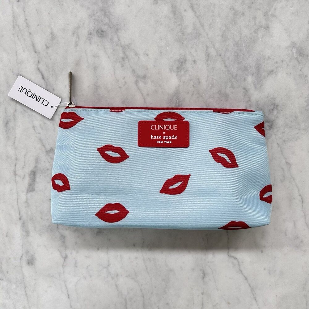 CLINIQUE Kate Spade Aqua with Red Lips Makeup Cosmetic Pouch Travel Bag Case NWT